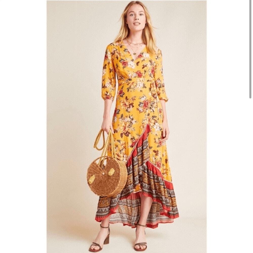 FARM RIO Yellow Soigne Wrap Midi Dress Size Small Petite